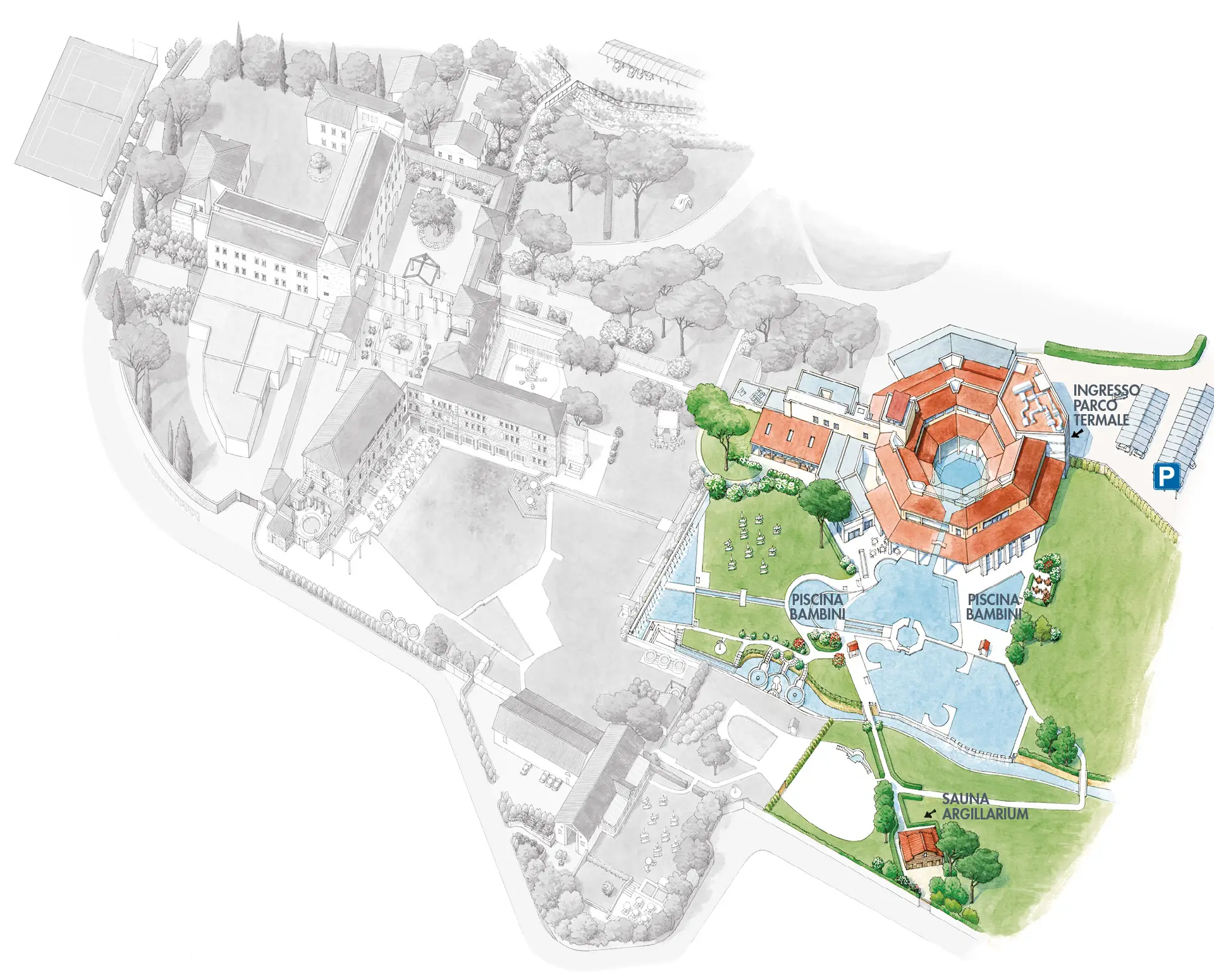 Mappa del Parco Termale con piscine, sauna, e parcheggio. Testo: "Ingresso Parco Termale", "Piscina Bambini", "Sauna Argillarium".