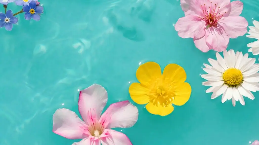 Fiori colorati che galleggiano in acqua azzurra. Primavera e relax alle terme.