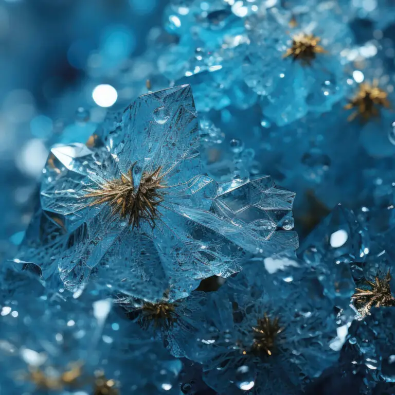 Fiori di ghiaccio blu con dettagli dorati e gocce. Crio terapia.