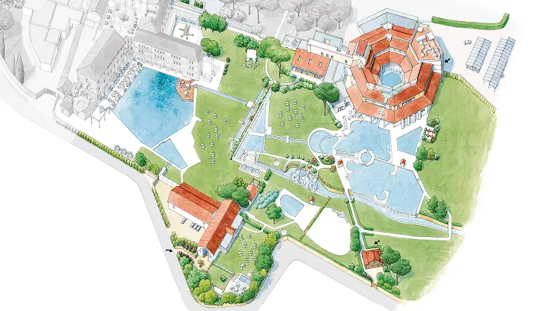 Mappa del resort con piscine, giardini e edifici. Architettura termale e aree verdi.