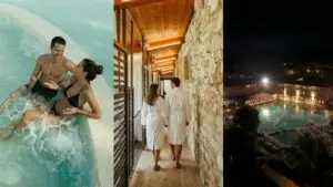 Coppia rilassante alle Terme di Saturnia, Toscana. Benessere e relax in primavera.