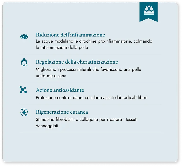 Benefici dell'acqua termale: riduzione infiammazione, cheratinizzazione, antiossidante, rigenerazione cutanea.
