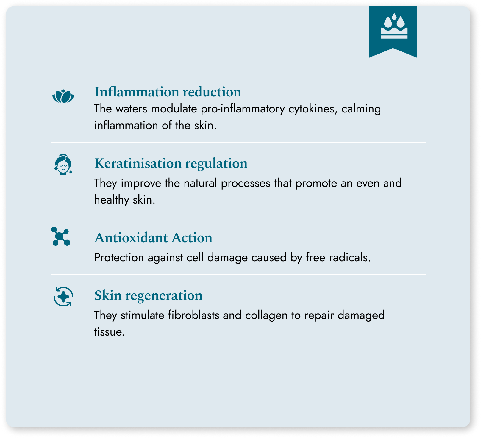 Benefici dell'acqua termale: riduzione infiammazione, cheratinizzazione, antiossidante, rigenerazione cutanea.