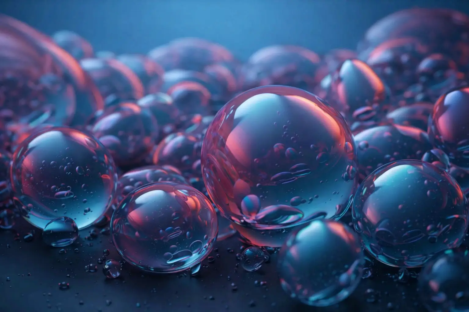 Gocce d'acqua trasparenti con riflessi colorati. Idratatazione e purezza.