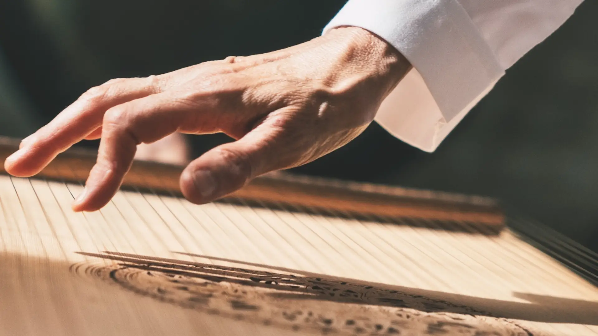 Mano che suona uno strumento a corda. Dettaglio della mano e dello strumento musicale.