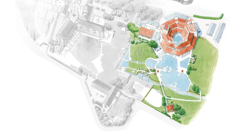 Mappa del resort termale di Saturnia con piscine, edifici e aree verdi. Saturnia Day Spa.