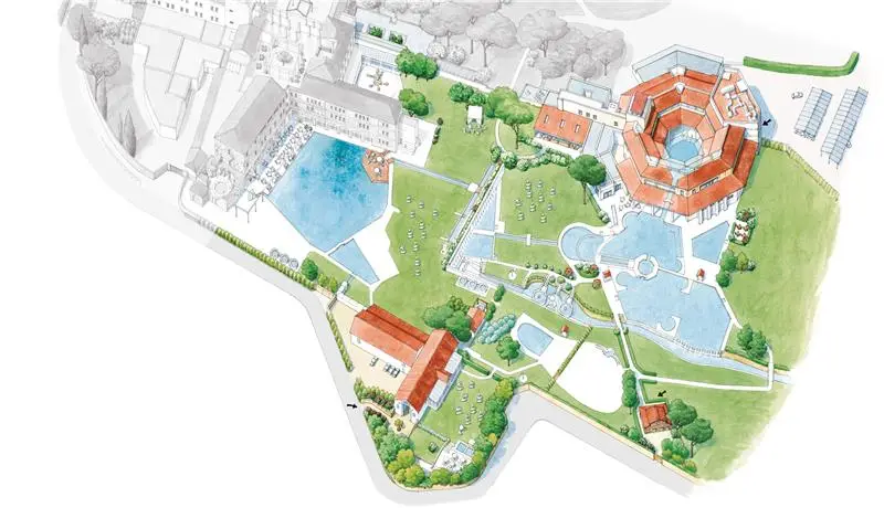 Mappa del resort termale di Saturnia con piscine, giardini e edifici. Saturnia Day Spa.