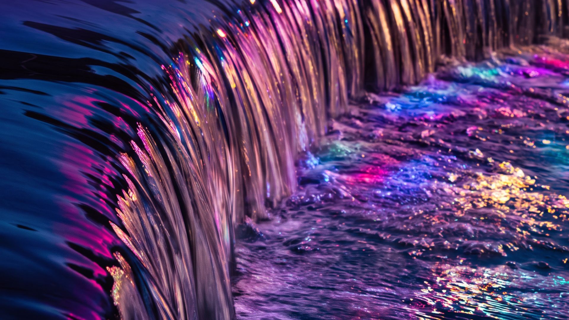 Cascata d'acqua con luci colorate viola e rosa riflette sull'acqua