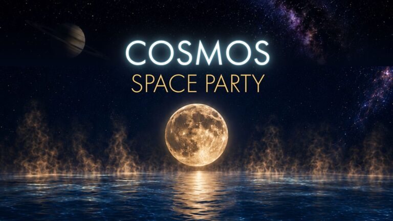Cosmos Space Party: Luna, Saturno e galassia su acqua luminosa